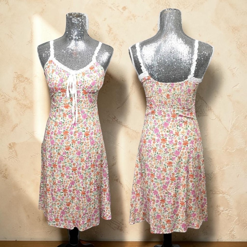 Y2K Coquette Floral Lace Trim Tie Front Babydoll Dress XS Soft Girl Garden Party